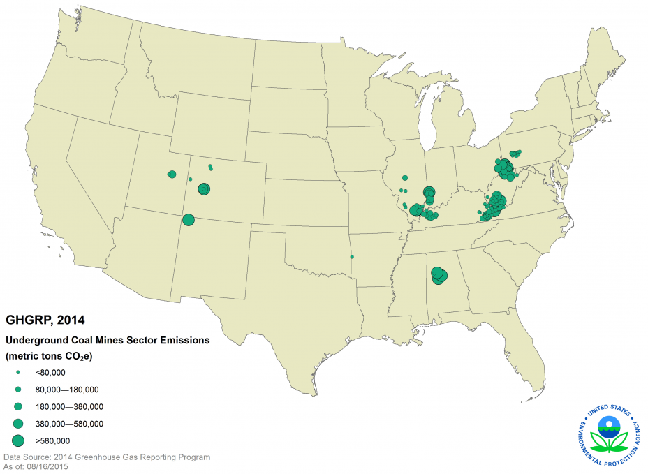 GHGRP, 2014 Underground Coal Mines Sector Emissions US Map.