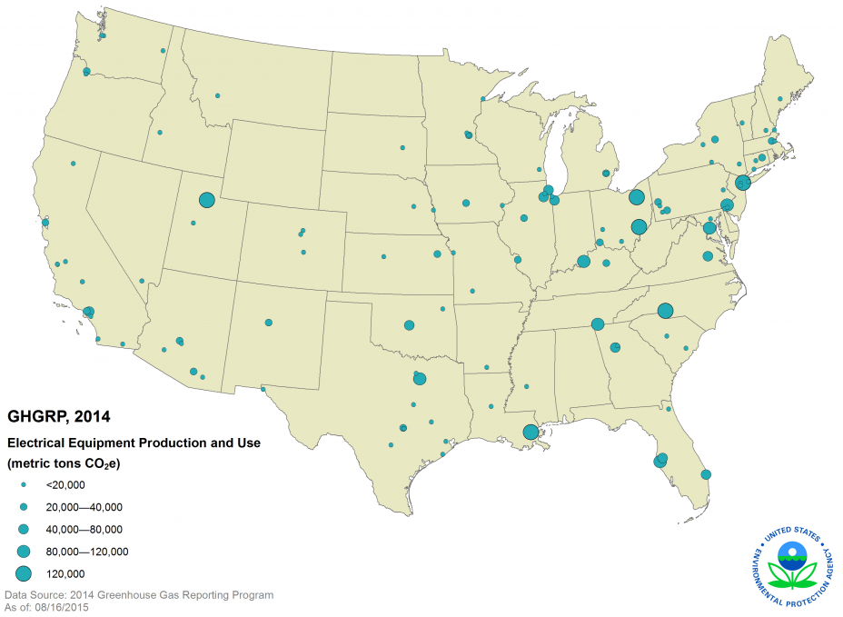 GHGRP, 2014 Electrical Equipment Production and Use US Map.
