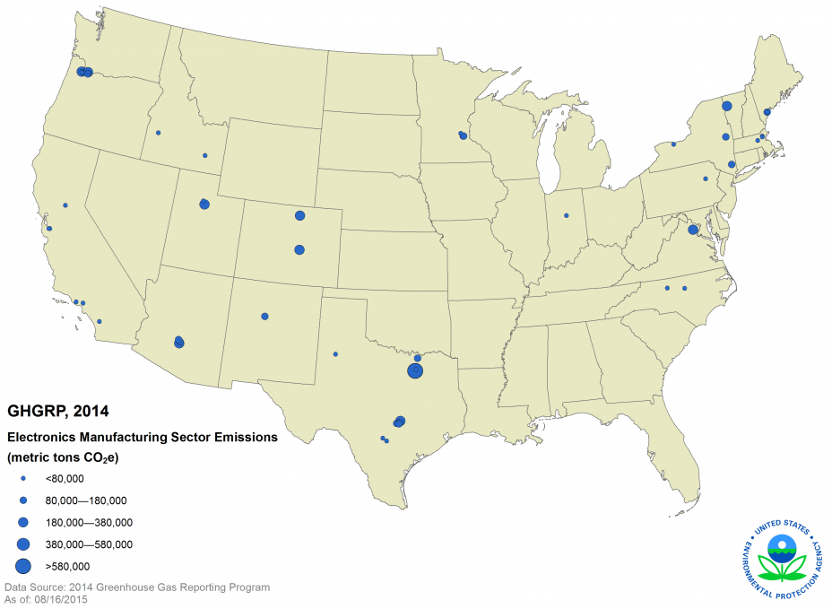 GHGRP, 2014 Electronics Manufacturing Sector Emissions US Map.