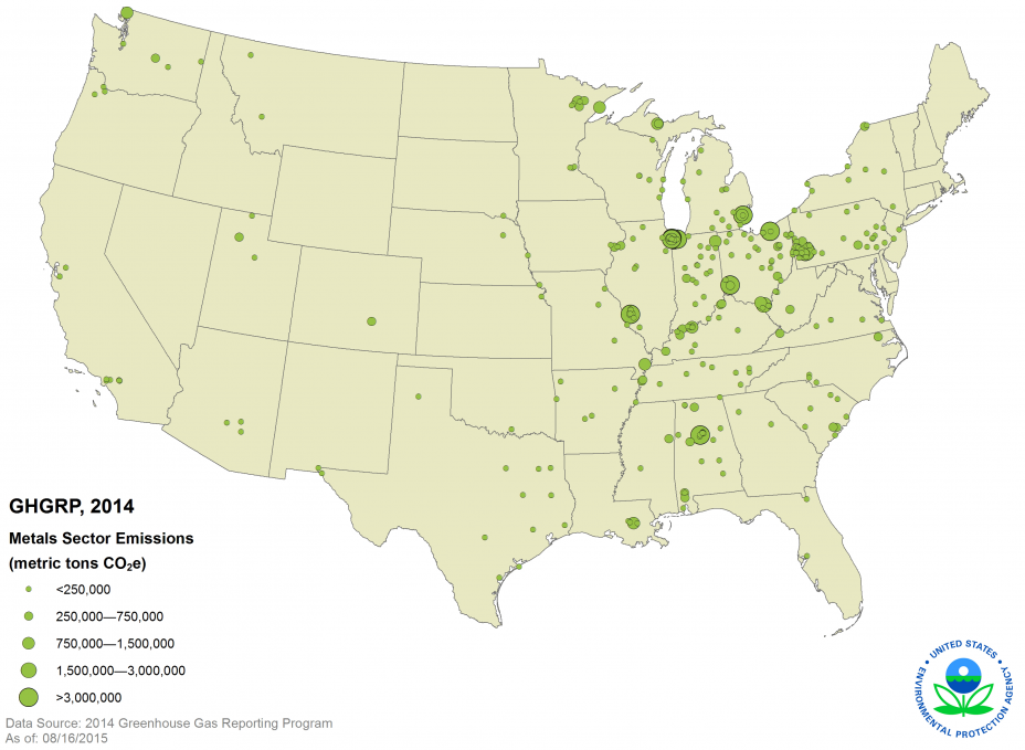 GHGRP, 2014 Metals Sector Emissions US Map