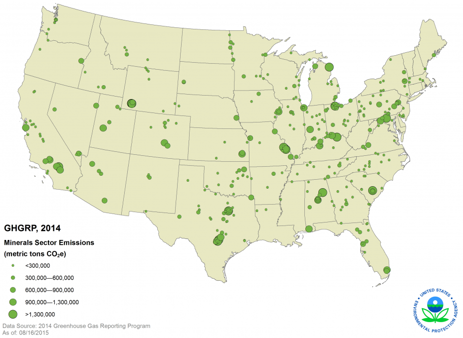 GHGRP, 2014 Minerals Sector Emissions US Map.