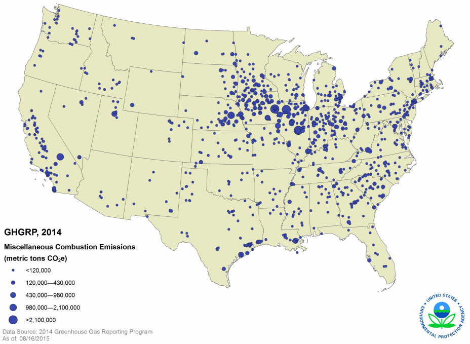 GHGRP, 2014 Miscellaneous Combustion Emissions US Map.