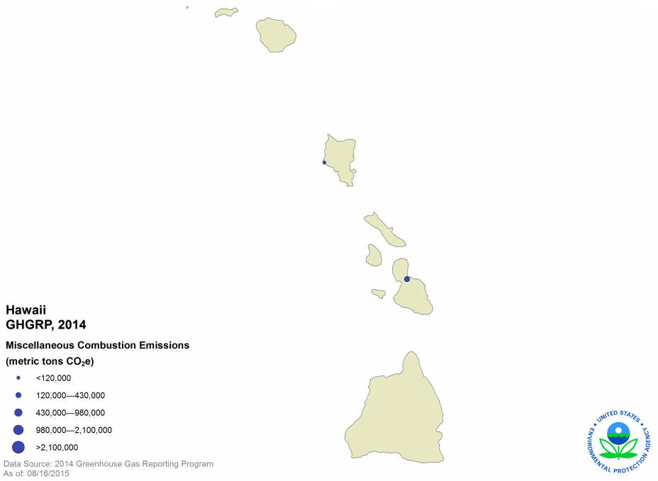 GHGRP, 2014 Miscellaneous Combustion Emissions HI Map.