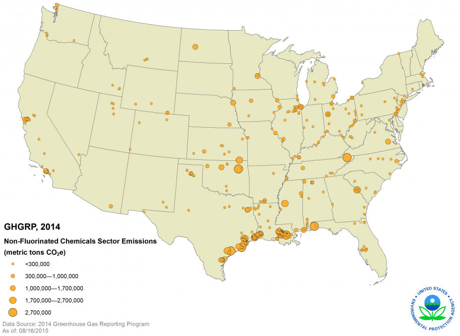 GHGRP, 2014 Non-Fluorinated Chemicals Sector Emissions US Map.