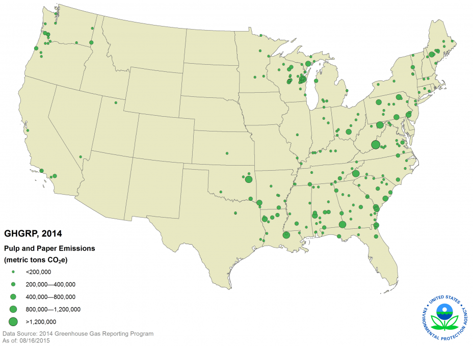 GHGRP, 2014 Pulp and Paper Emissions US Map.