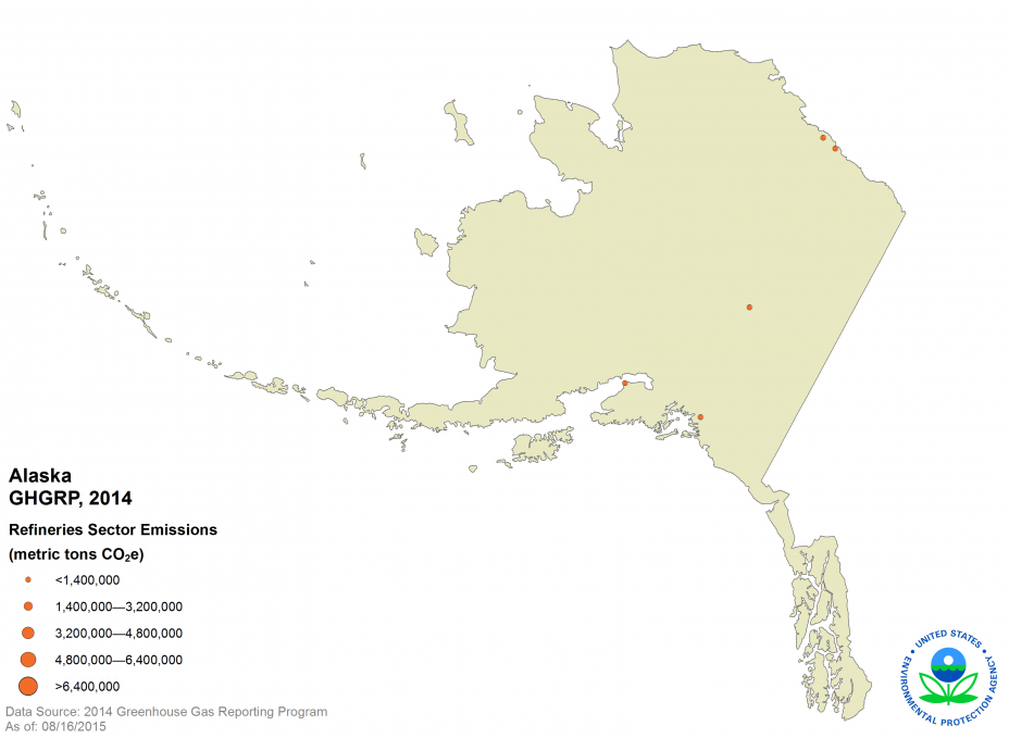 Map of Alaska showing locations of direct-emitting facilities.