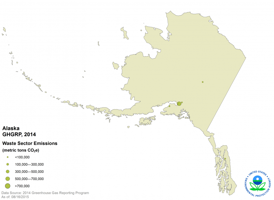 GHGRP, 2014 Waste Sector Emissions AK Map.