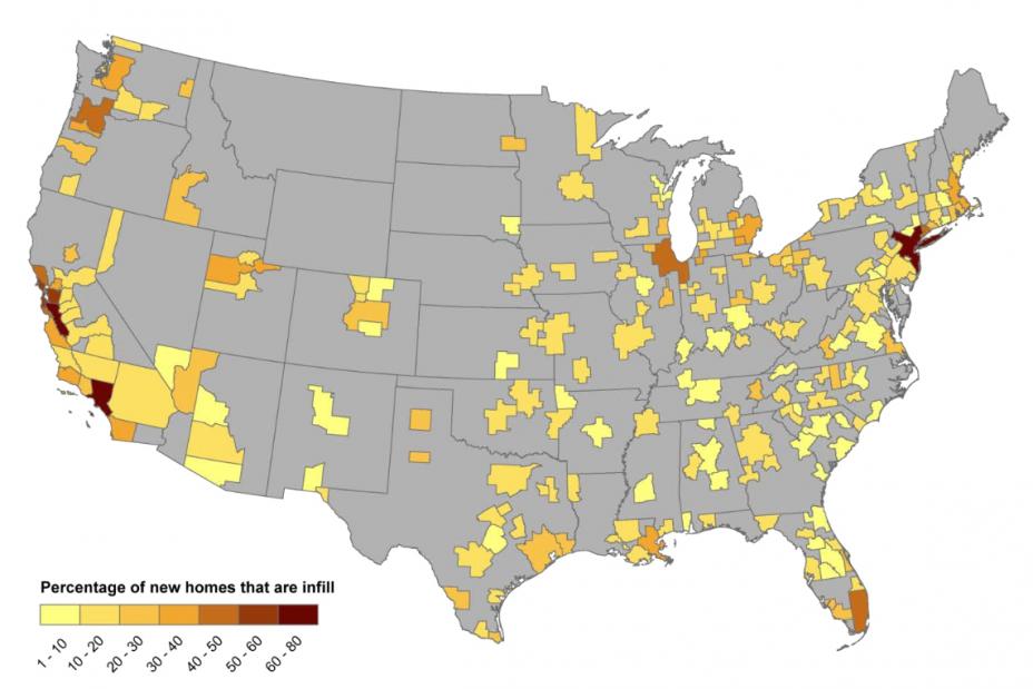 Percentage of New Home Construction That Is Infill, 2000 - 2009. The map shows how infill as a percentage of all housing construction varies among U.S. metropolitan regions.