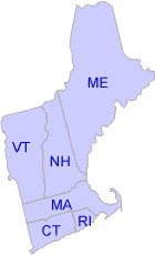 This image shows which states are included in EPA's Region 1: Maine, New Hampshire, Vermont, Massachusetts, Connecticut and Rhode Island. 