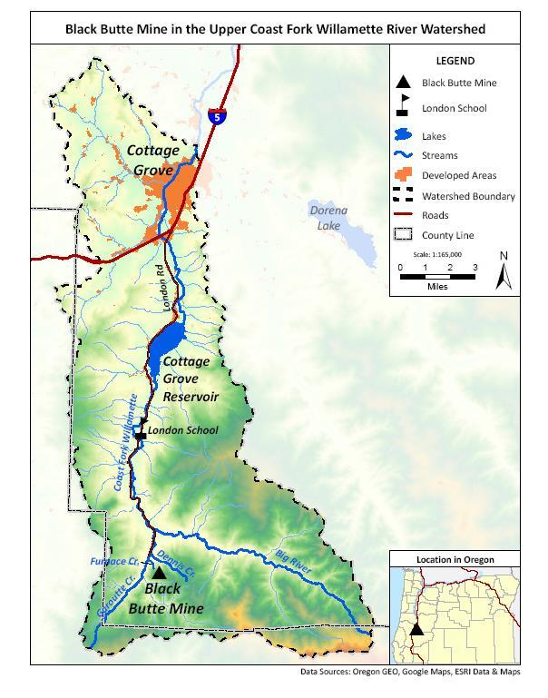 Map of Black Butte Mine and the Cottage Grove surrounding area.
