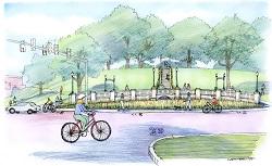 Design option for entry to Jefferson Park in Richmond, VA, showing a new rain garden and walkways.