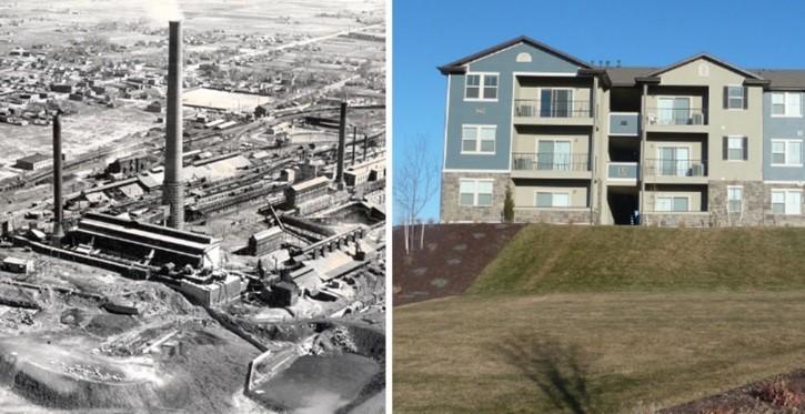 (left) Smelter facilities at the Midvale Slag site, 1941, (right) Apartment complex on site
