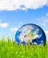 tiny earth sitting on a grassy field 