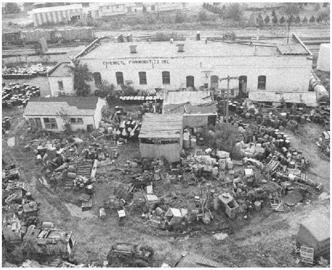 Historic view of the Chemical Commodities, Inc. site prior to cleanup.