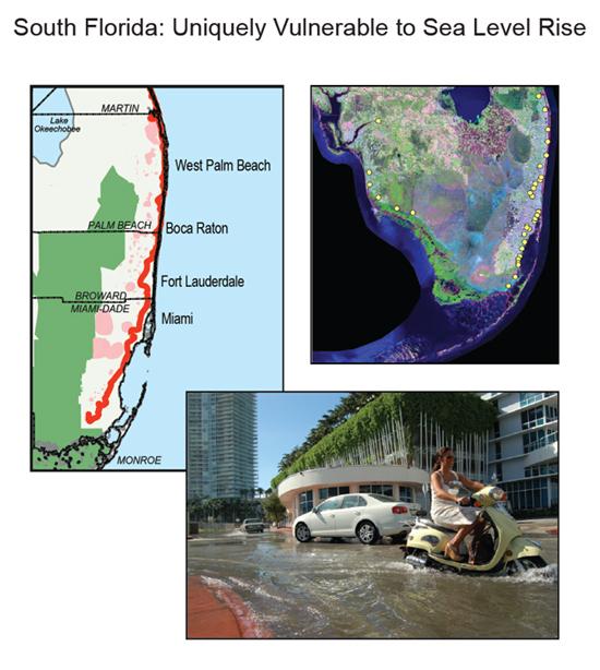 Photo of flooded street. Map of Palm Beach, Broward, and Miami-Dade counties shows proximity of saltwater and well field protection areas. Satellite image of southernmost Florida with yellow dots indicates flood control facilities very close to the ocean.