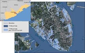 Карта, показывающая Чарлстон и потенциальное воздействие семифутового прилива в сочетании с повышением уровня моря на 1,6 фута. Суммарное воздействие приведет к затоплению значительной части прибрежных районов города.