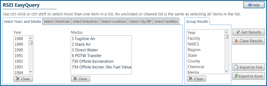 Screenshot from EasyRSEI showing the selection pane in the EasyQuery function, with the following tabs: Select Years and Media, Select Chemicals, Select Industries, Select Locations, Select City/ZIP, and Select Facilities.