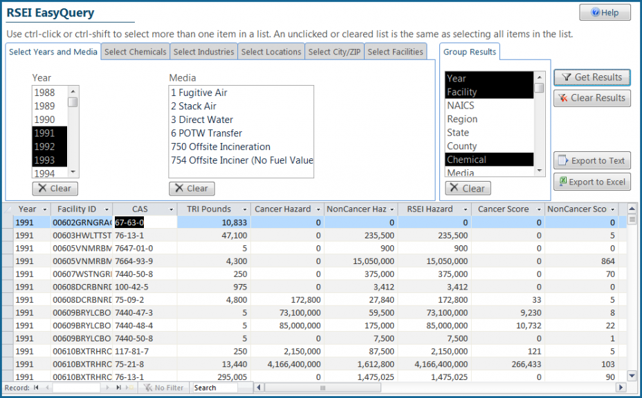 Screenshot from EasyRSEI showing the selection and results panes in the EasyQuery function. The results pane shows year, Facility ID, CAS number, and 7 RSEI results.