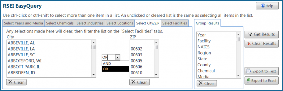 Screenshot from EasyRSEI showing the selection pane in the EasyQuery function.The Select City/ZIP tab is active and shows selection boxes for city and/or ZIP code.