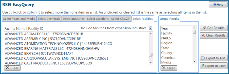 Screenshot from EasyRSEI showing the selection pane in the EasyQuery function. The Select Facilities tab is active and shows a selection box with a list of facility names and IDs.