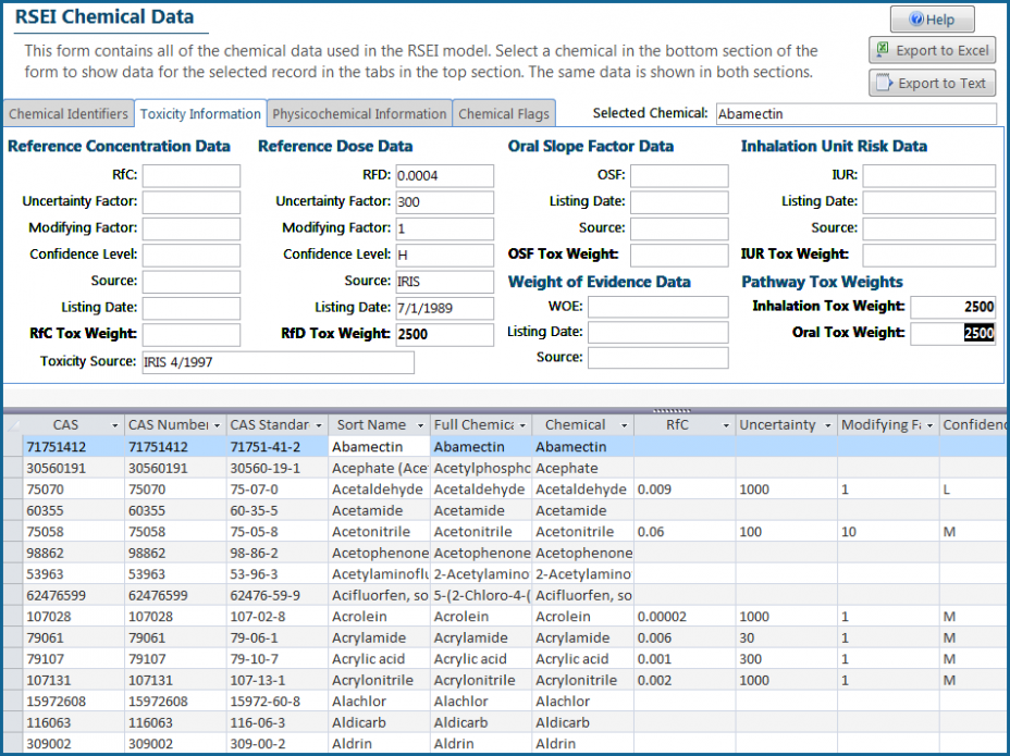 Screenshot from EasyRSEI that shows a table with chemical data used in RSEI modeling. The table shown is the same as the Chemical table provided as a text file on the RSEI ftp site.