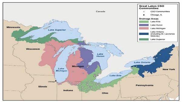 Map of CSO communities that drain to the Great Lakes Basin