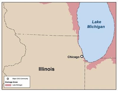 Map of CSO communities in Illinois that drain to the Great Lakes Basin