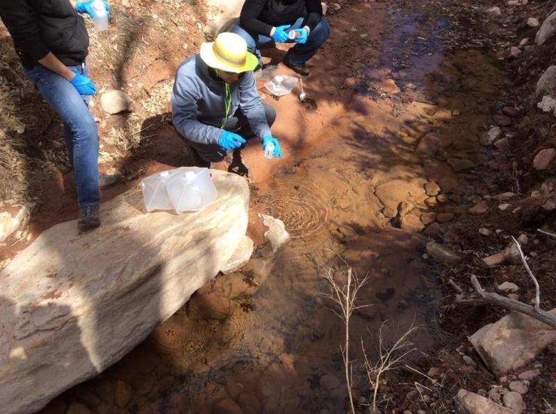 Members of the EPA sampling team get a water sample from the Cove Wash in March 2016.