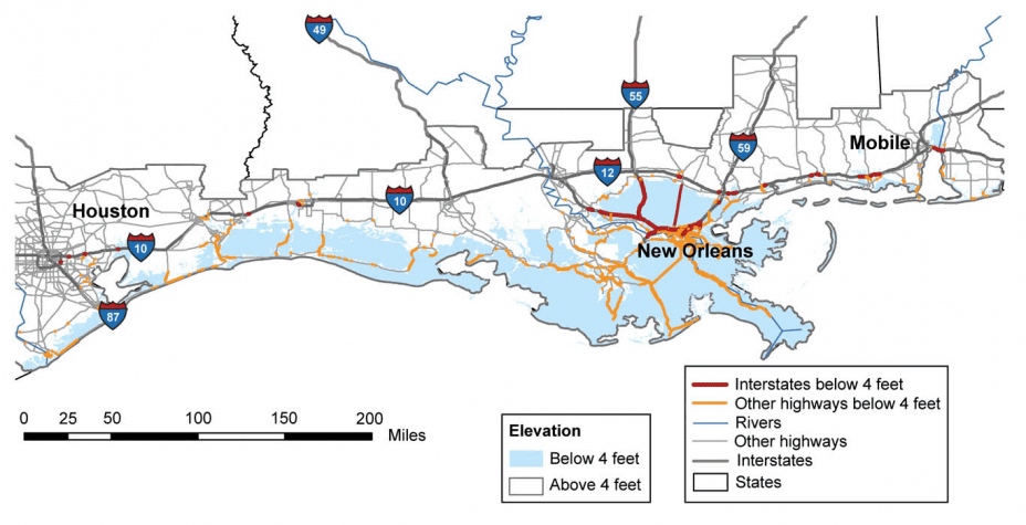 Map of the Gulf Coast that shows highways and interstates that are below four feet in elevation.