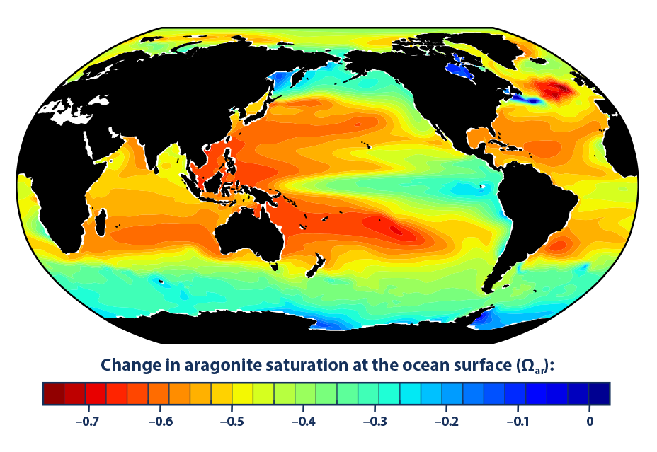 Color-coded map of the world showing changes in ocean aragonite saturation between 1880 and 2015.