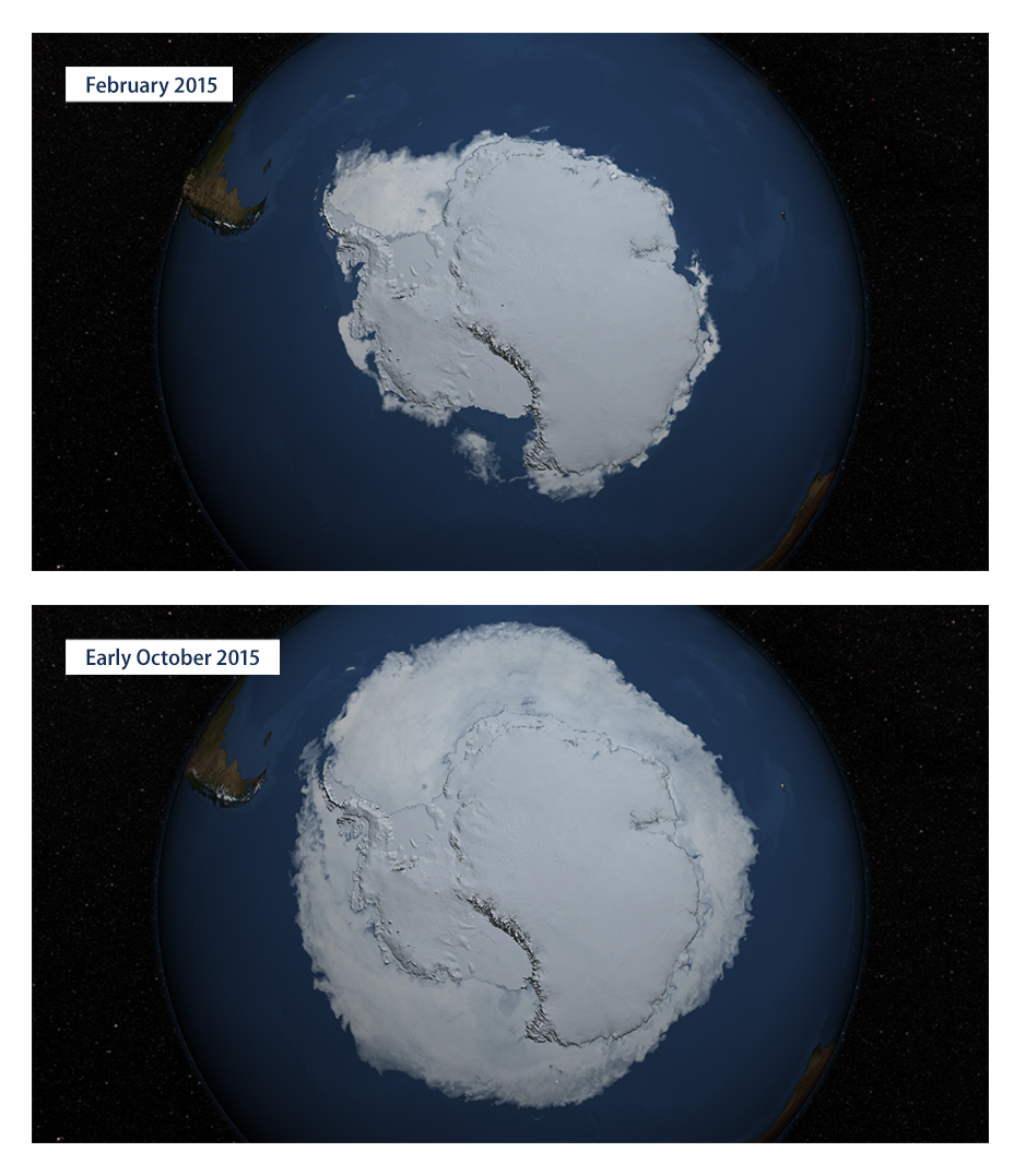 Two maps that compare the extent of Antarctic sea ice in February 2015 and October 2015.