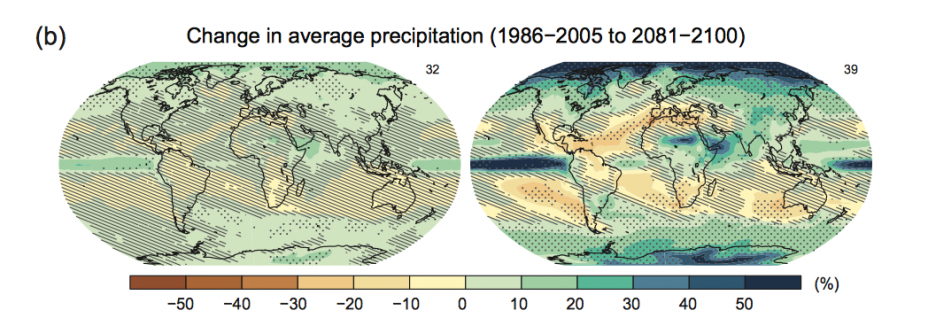 Two maps displaying change in average precipitation (1986-2005 to 2081-2100). The high emissions scenario generally shows increases in precipitation.