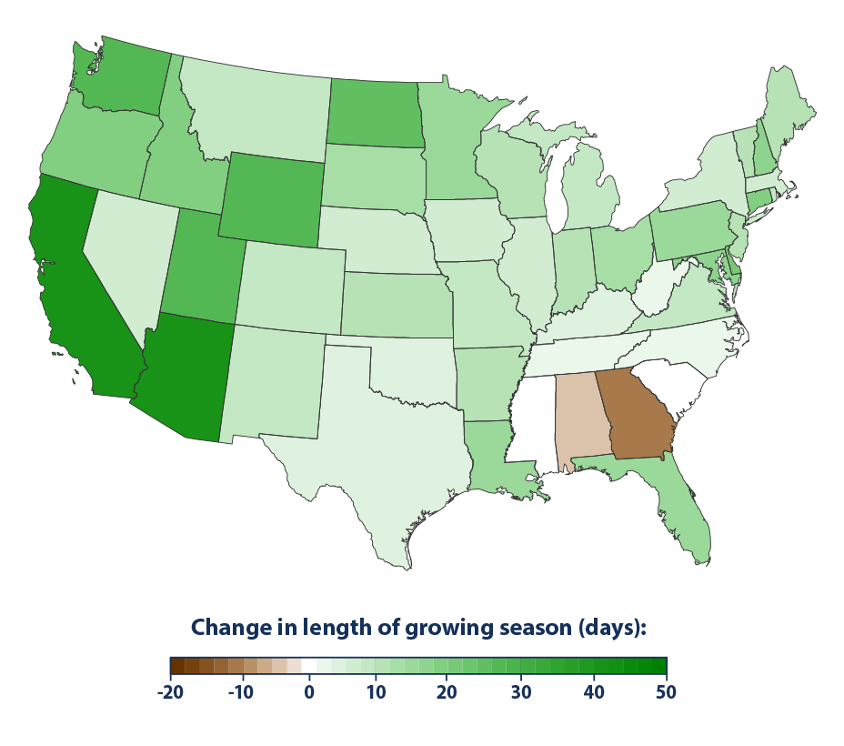 Map showing the changes in the length of the growing season for the contiguous 48 states from 1895 to 2015.