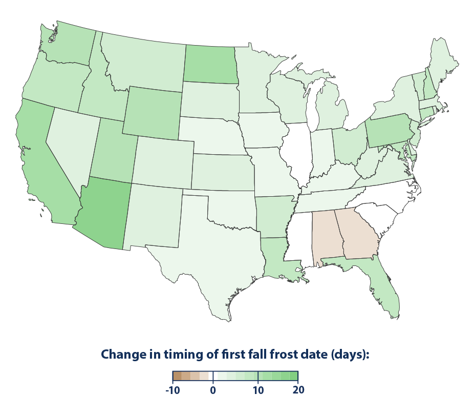 Map showing the changes in timing of the first fall frost for the contiguous 48 states from 1895 to 2015.