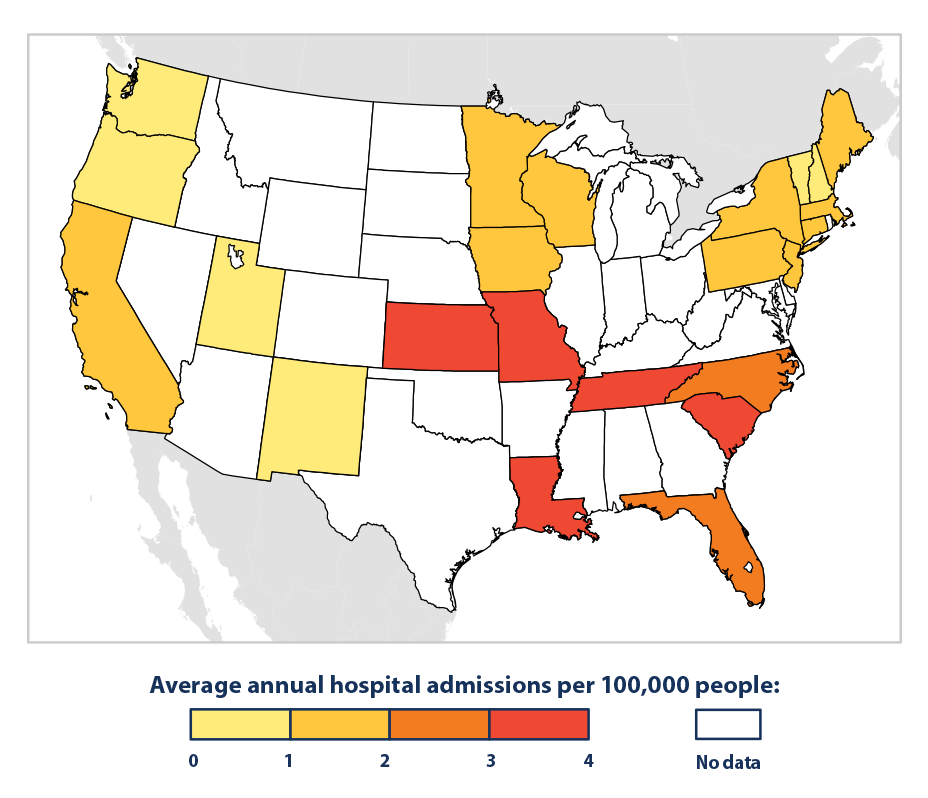 Map showing the rate of heat-related hospitalizations per 100,000 population in 23 states from 2001 to 2010.