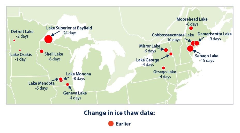 Map showing changes in the timing of thawing at 14 U.S. lakes between 1905 and 2015.
