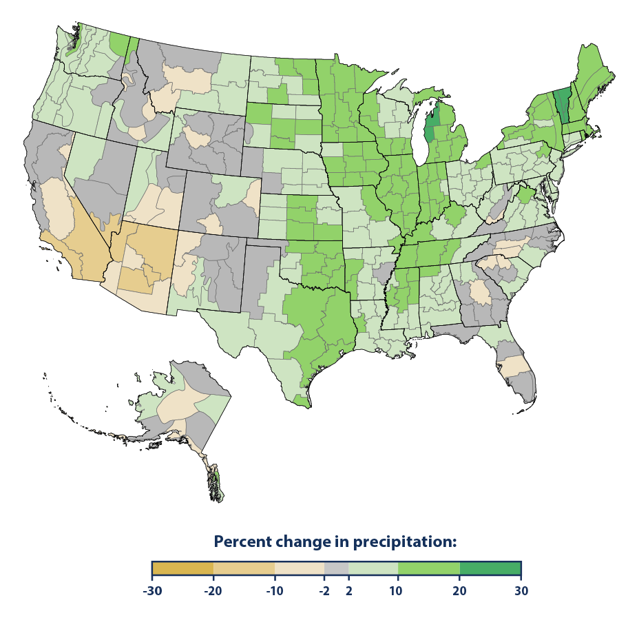 Color-coded map showing the rate of change in precipitation across the United States from 1901 to 2015.
