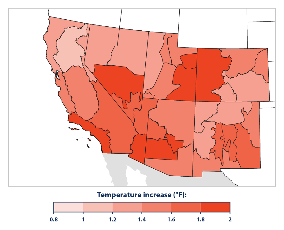 Map showing how the average air temperature from 2000 to 2015 in six southwestern states differed from the long-term average.