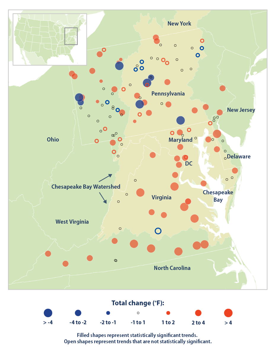 Map with color-coded circles showing changes in stream water temperatures in the Chesapeake Bay Region from 1960 to 2014.