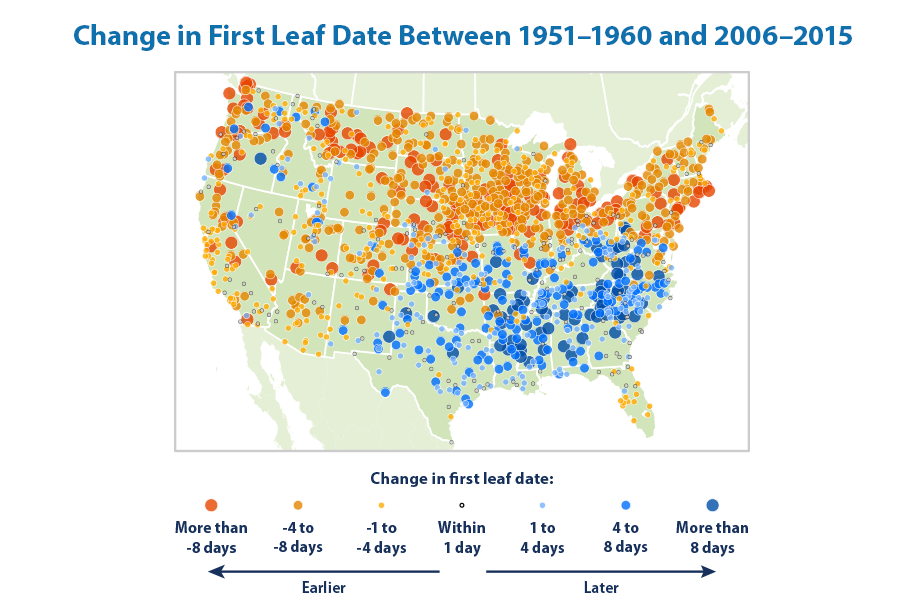 Map showing the change in first leaf dates at weather stations across the contiguous 48 states. This map compares the average first leaf date during two 10-year periods: 1951–1960 and 2006–2015.