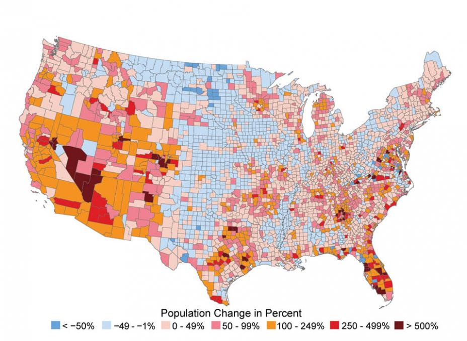 Map showing population change in the US, from <-50% to >500%.