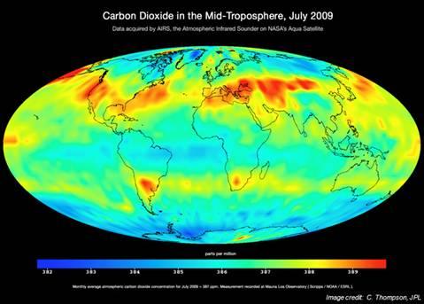 NASA image showing carbon dioxide in the mid-troposphere, July 2009.