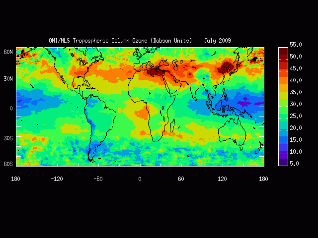NASA graphic showing OMI/MLS Tropospheric Column Ozone (Dobson Units), July 2009.