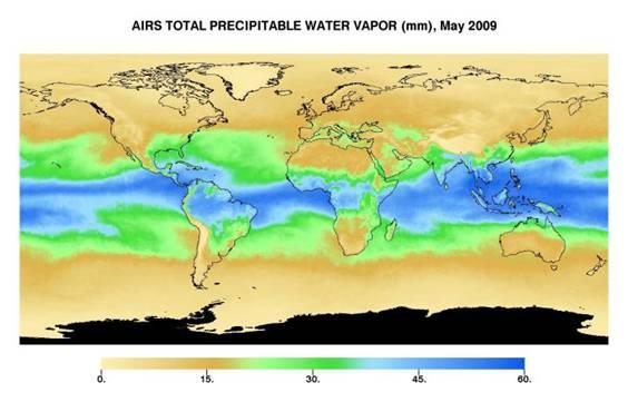 NASA graphic showing AIRS total preciptable water vapor (mm), May 2009.