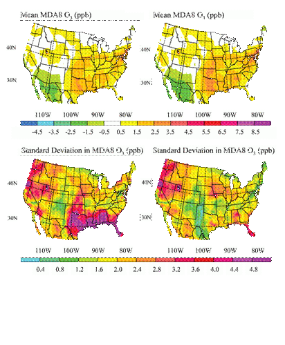 Four maps of the continental United States that show the mean and standard deviation of ozone changes across seven modeling experiments.