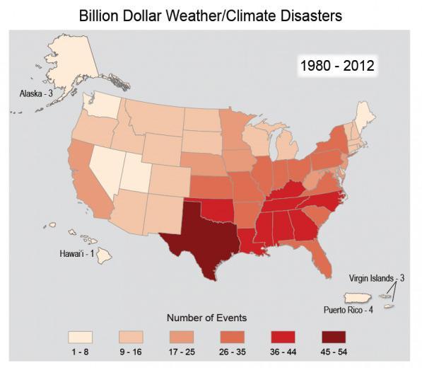 Map showing billion dollar weather/climate disasters in the United States from 1980 to 2012, from a minimum of 1 (Hawaii) to a maximum of 54 (Texas).