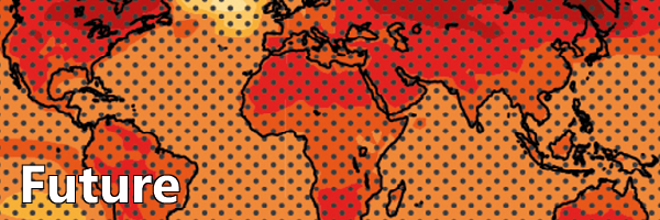 Image of the continents in various shades of red; adapted from IPCC's projected changes in global average temperatures