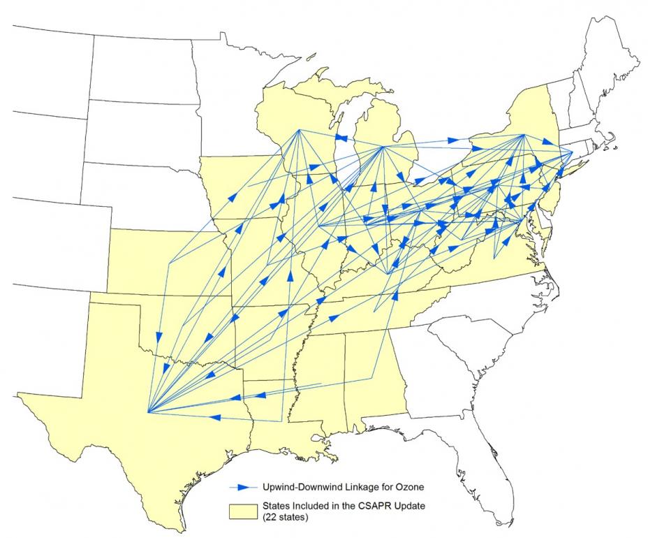 Map of the eastern U.S. showing how emissions from upwind states affect downwind states
