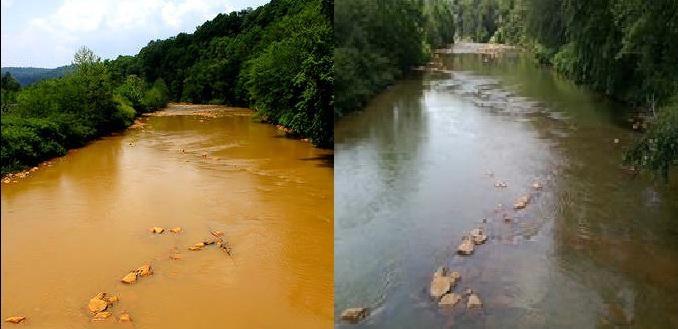 The Little Conemaugh River before and after the cleanup project.