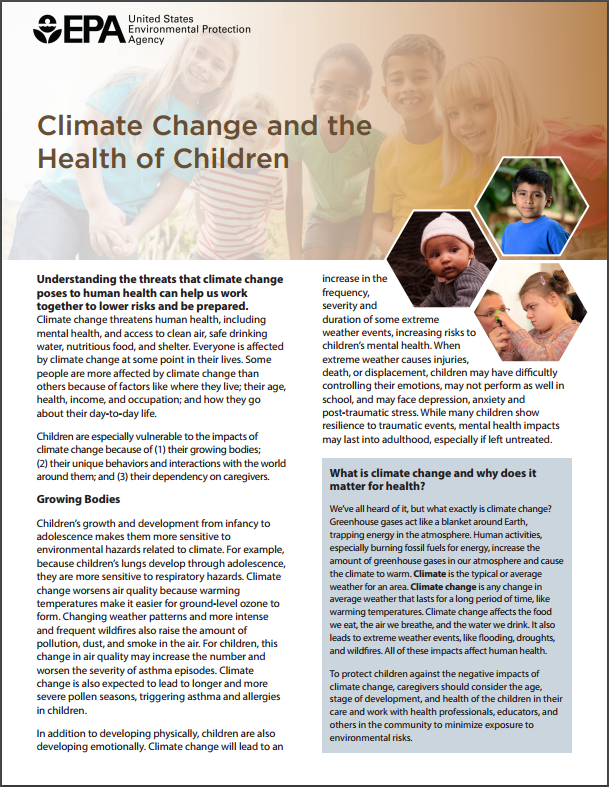 Image of the first page of the 'Climate Change, Health, and Children' fact sheet.